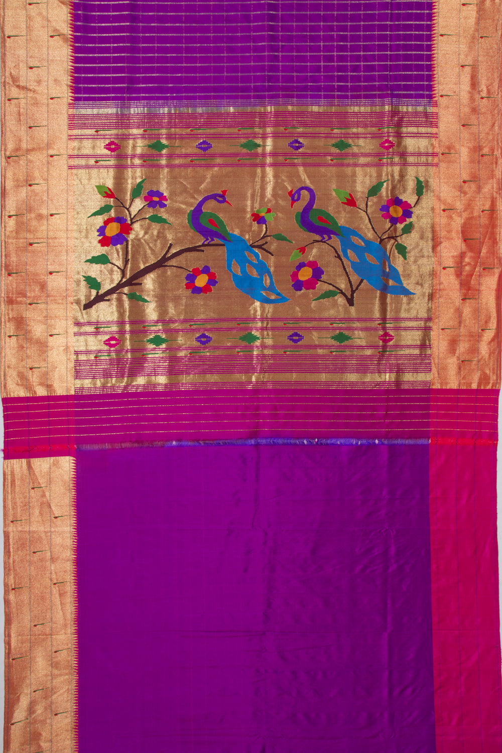 Paithani Silk Checks Purple Saree With Triple Muniya Border