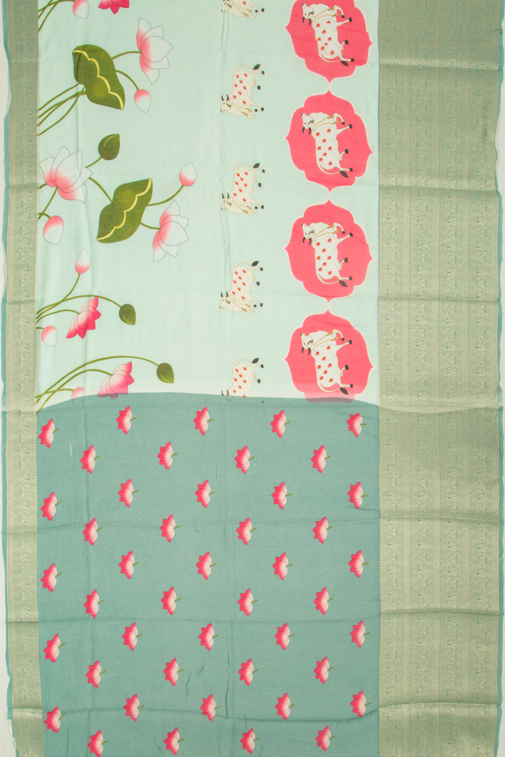 Chanderi Silk Pichwai Printed Pastel Green Saree