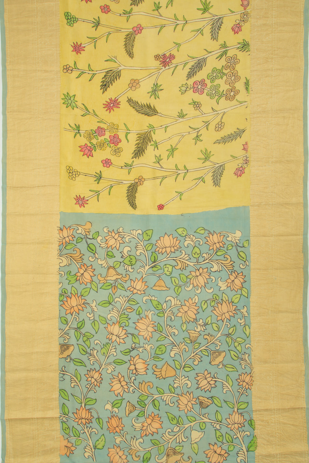 Kanchipuram Silk Kalamkari Pastel Yellow Saree