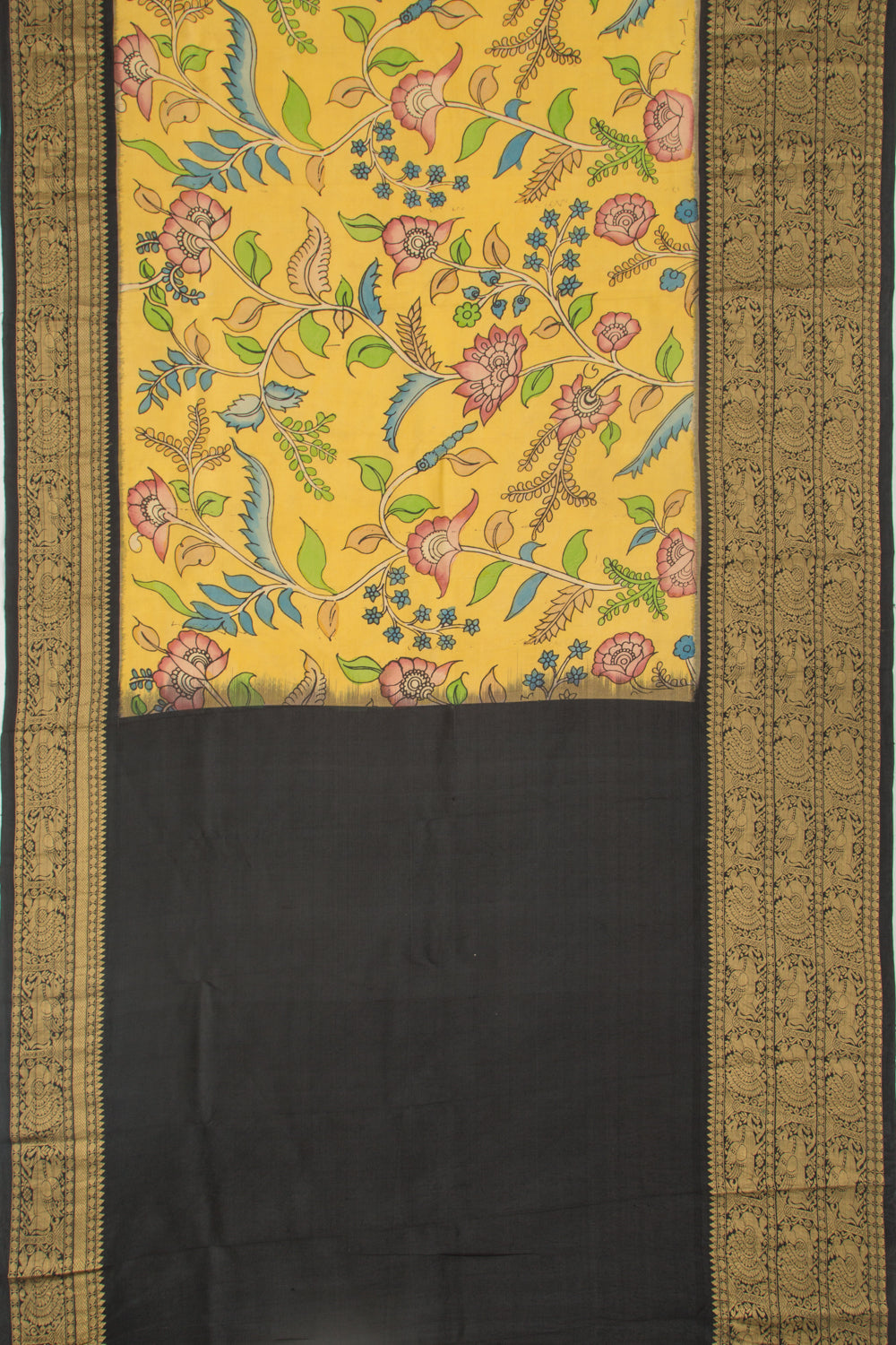 Kanchipuram Silk Kalamkari Yellow Saree