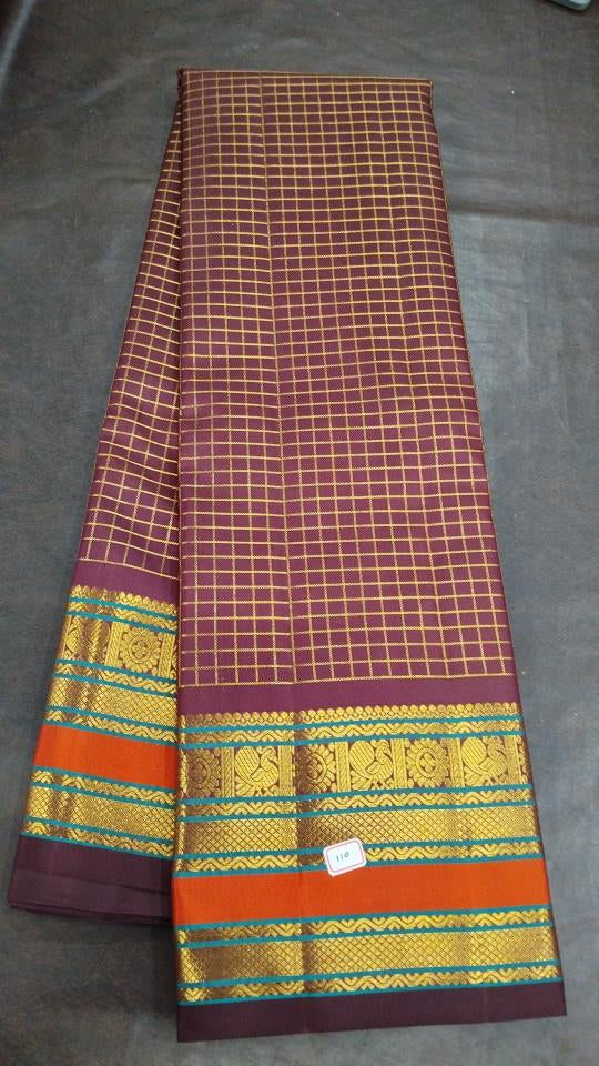 Classic Kanchipuram Silk Checks Marron Saree