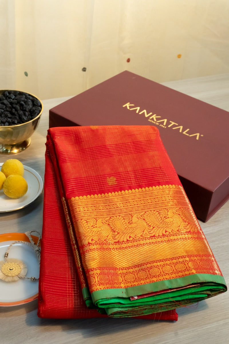 Kanchipuram Silk Checks And Butta Red Saree With Gift Box And Rakhi