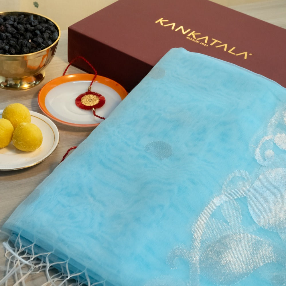 Organza Butta Sky Blue Saree With Gift Box And Rakhi