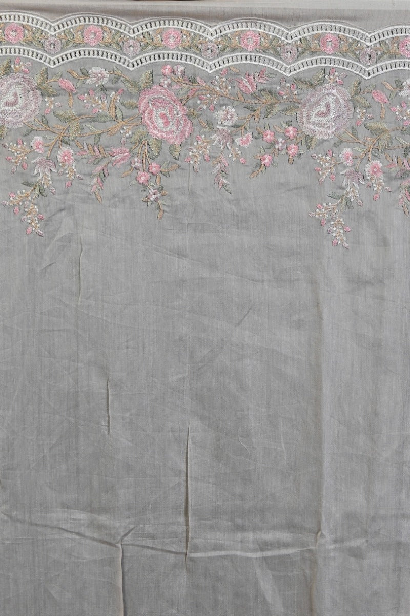 Organza Floral Embroidery Cream Saree With Scallop Border