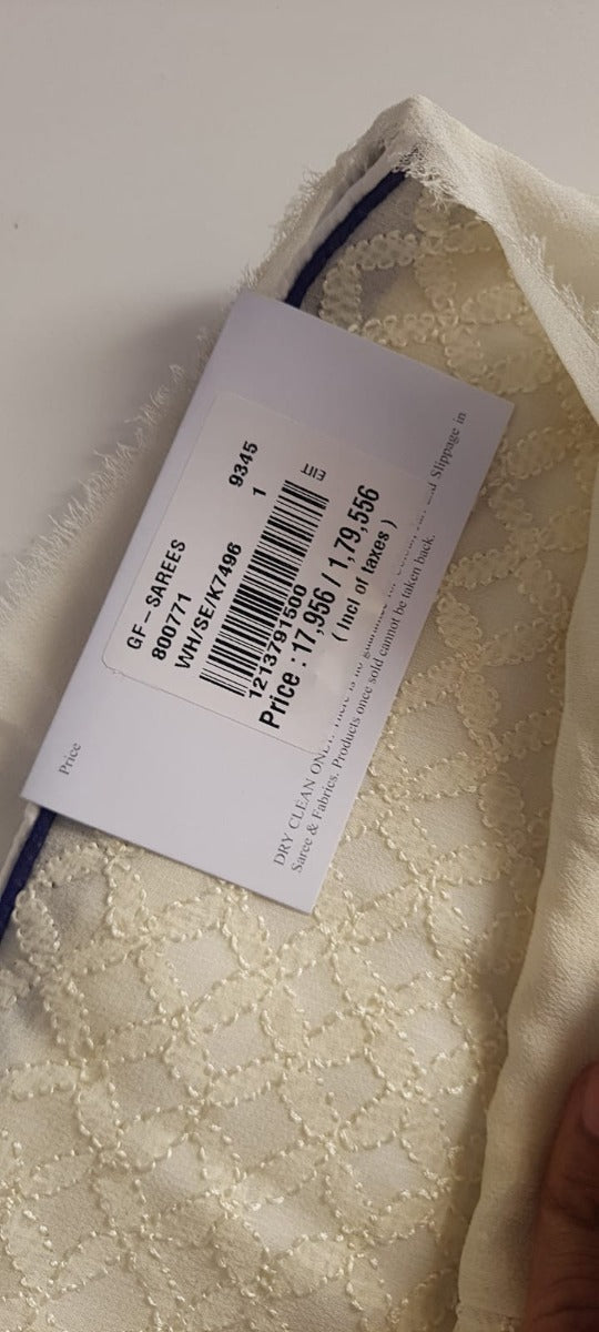 Petite Point And Chikankari Embroidery Georgette Cream Saree