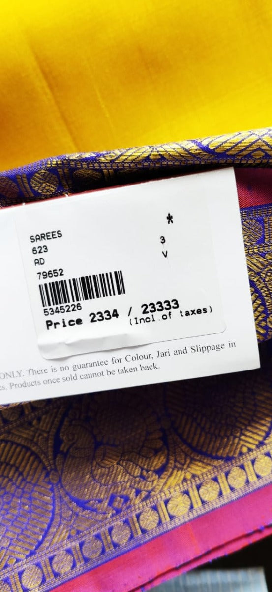 Kanchipuram Silk Yellow Plain Saree