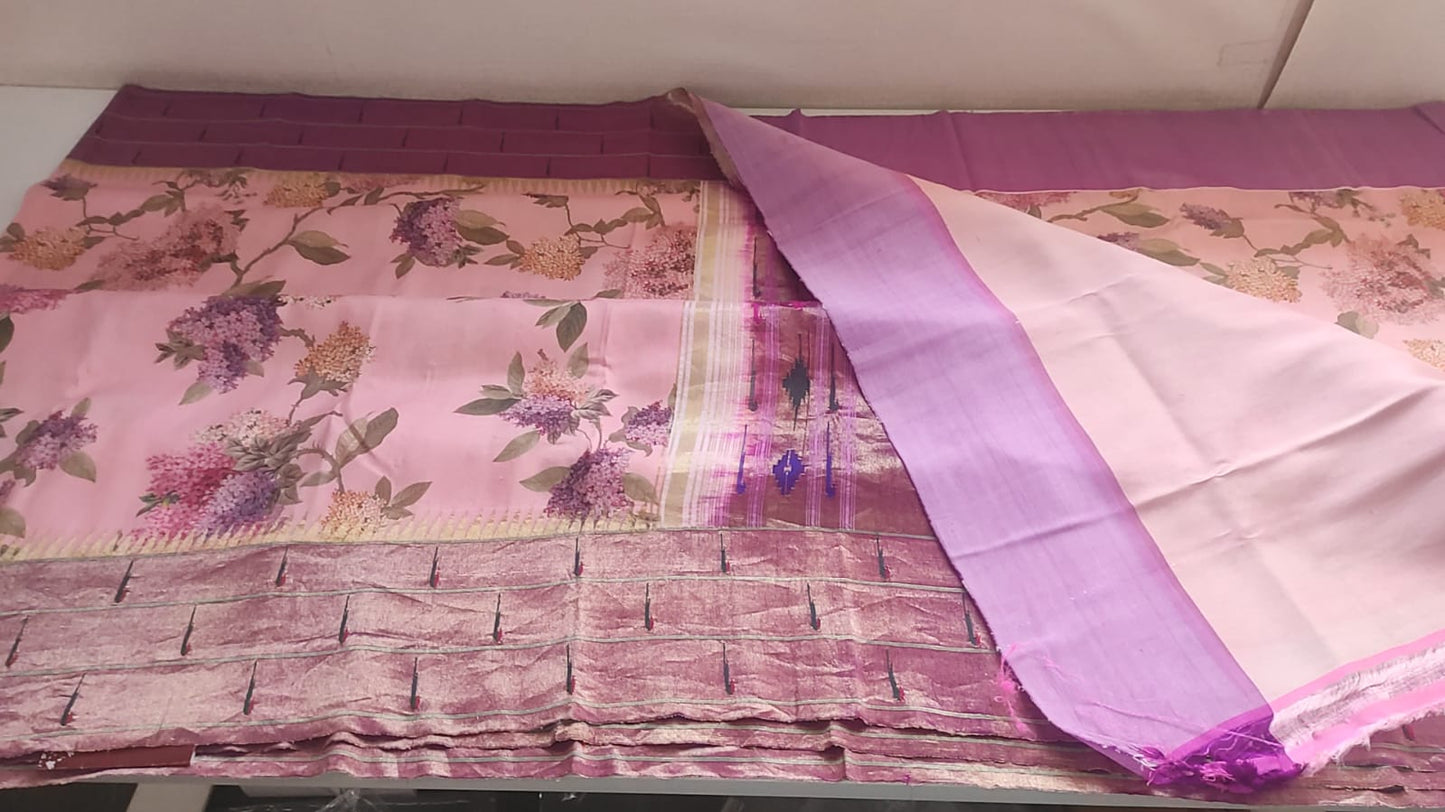 Paithani Silk Floral Printed Baby Pink Saree