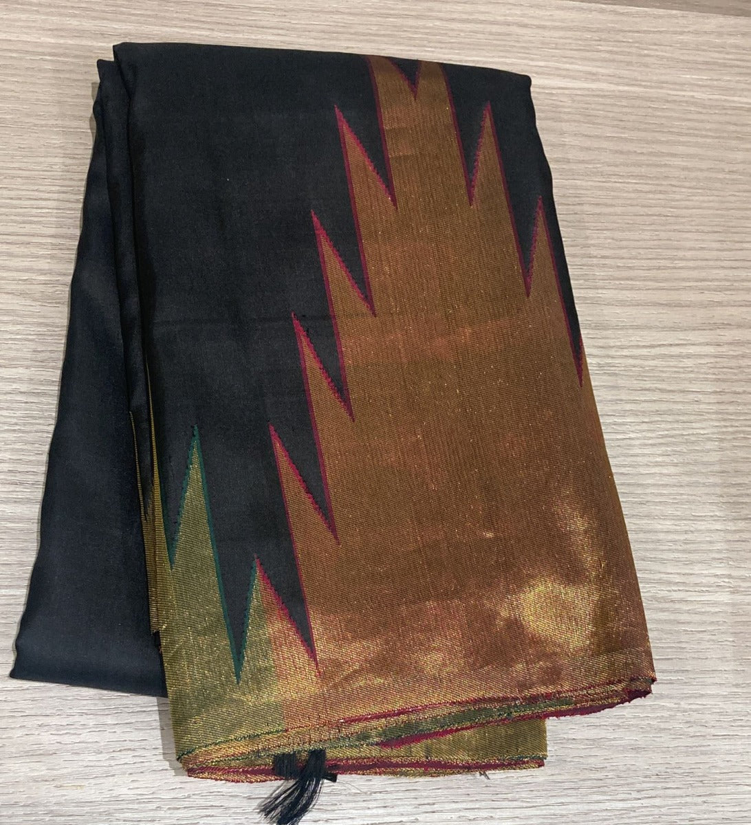 Kanchipuram Temple Border Soft Silk Black Saree