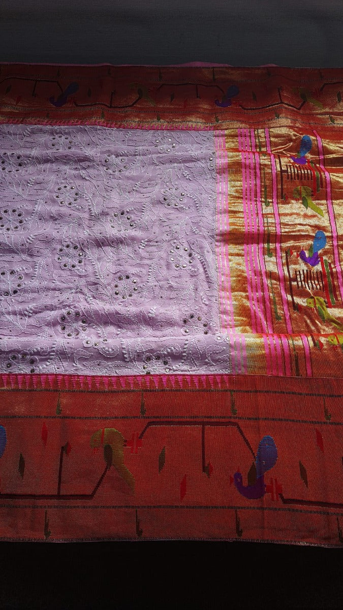 Lucknow Chikankari Paithani Pink Saree