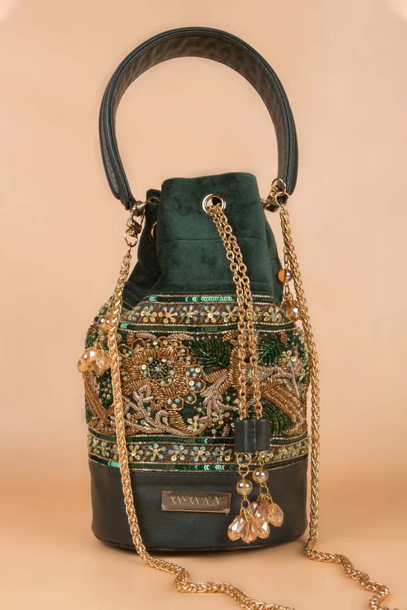 Zardosi Embroidery Green Potli Bag By Kankatala