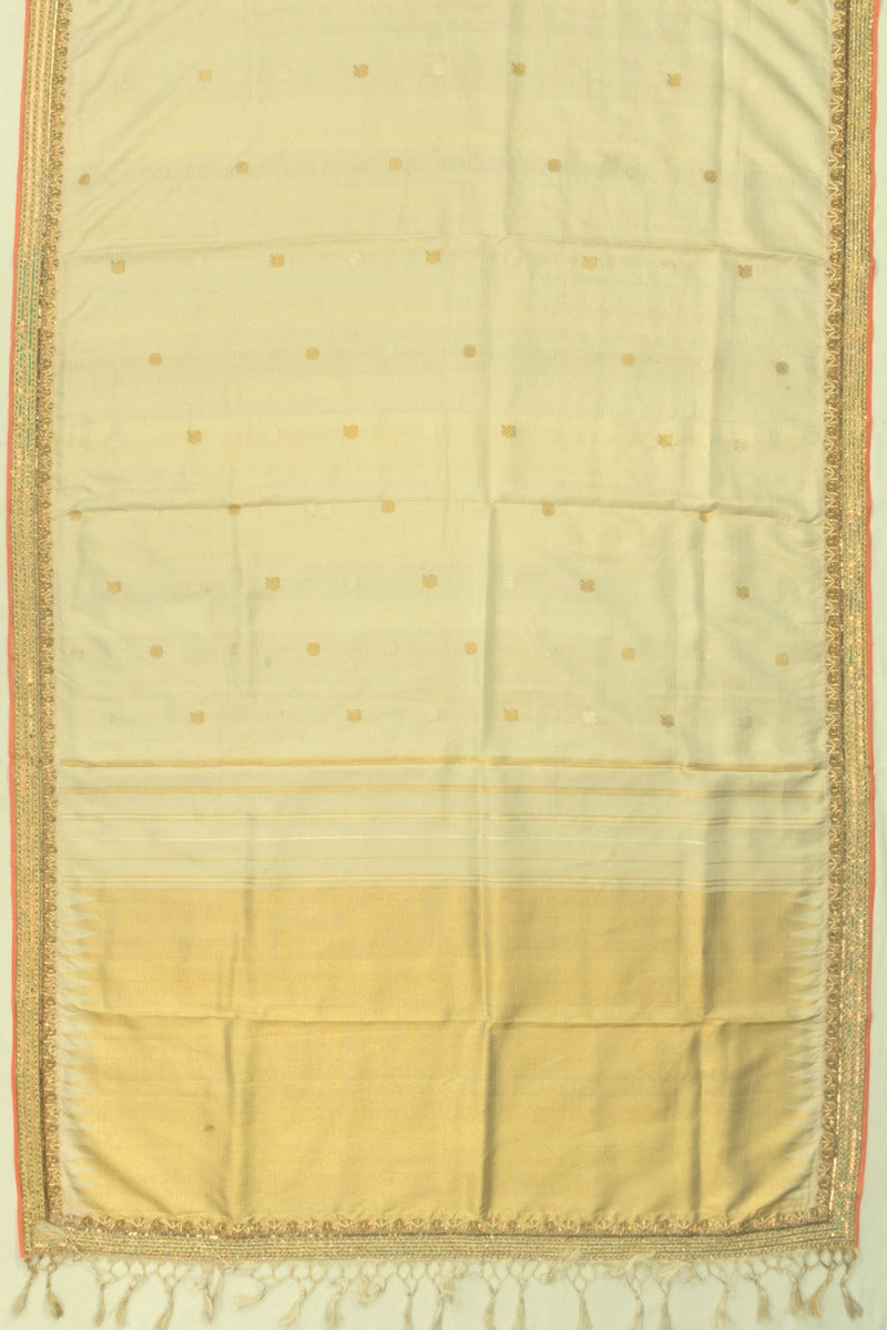 Kanchipuram Silk Tissue Butta Cream Saree With Zardosi Work