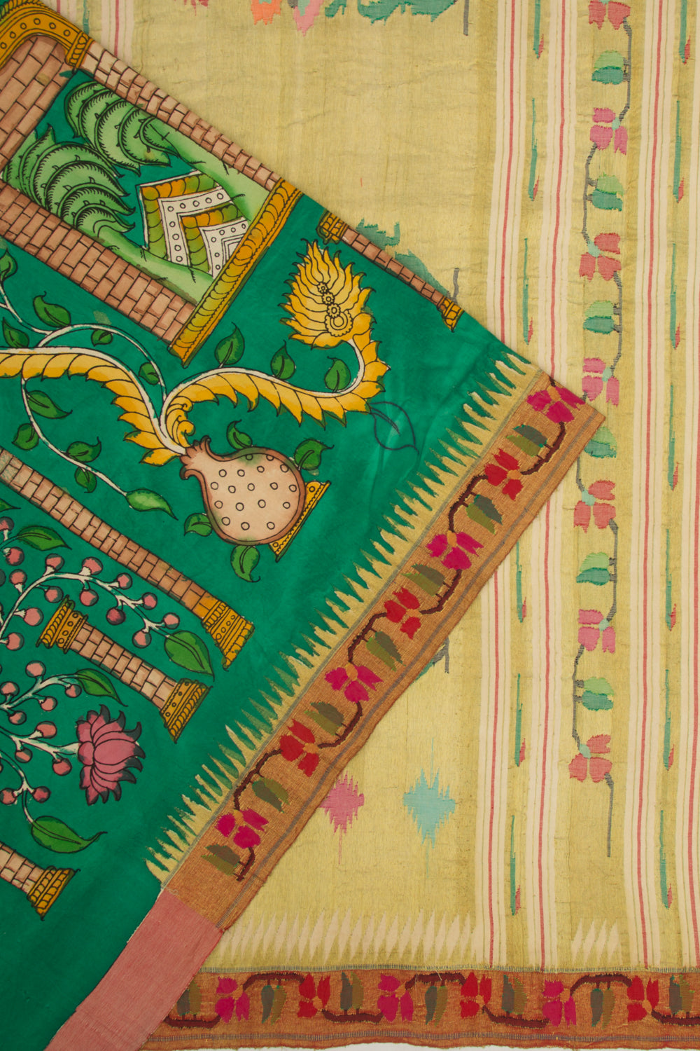 Paithani Silk Handpainted Kalamkari Green Saree