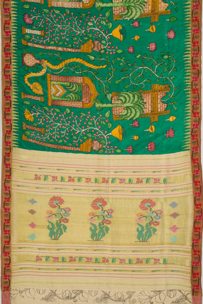 Paithani Silk Handpainted Kalamkari Green Saree