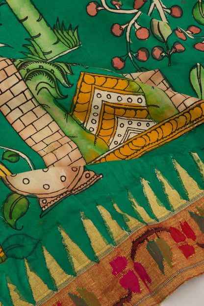 Paithani Silk Handpainted Kalamkari Green Saree