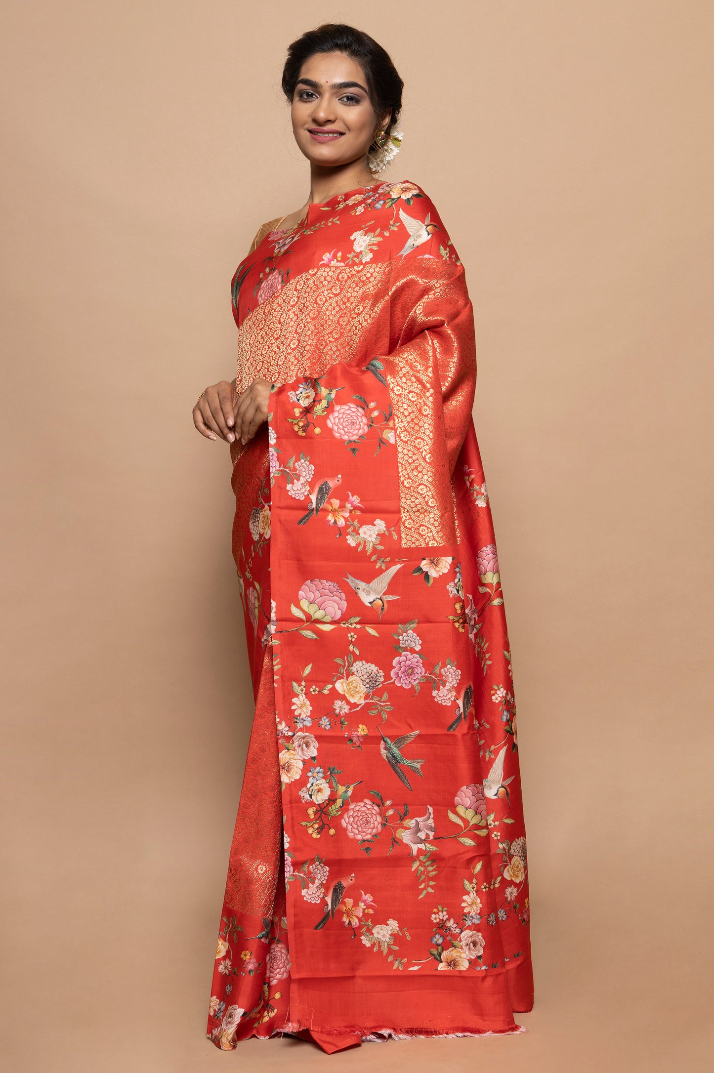 Kanchipuram Silk Jaal Orange Saree With Floral Satin Border