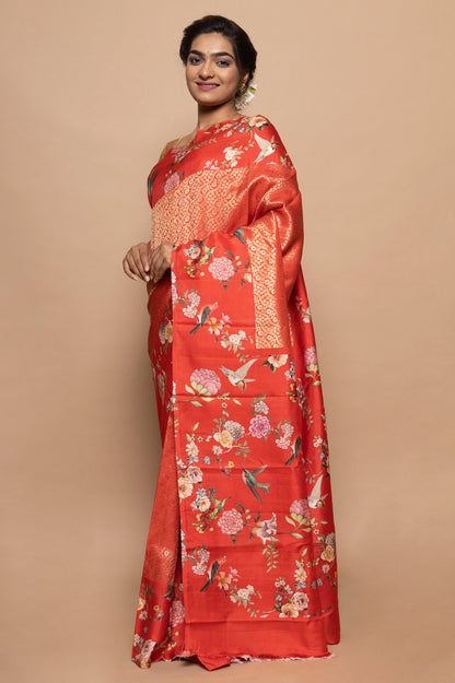 Kanchipuram Silk Jaal Orange Saree With Floral Satin Border