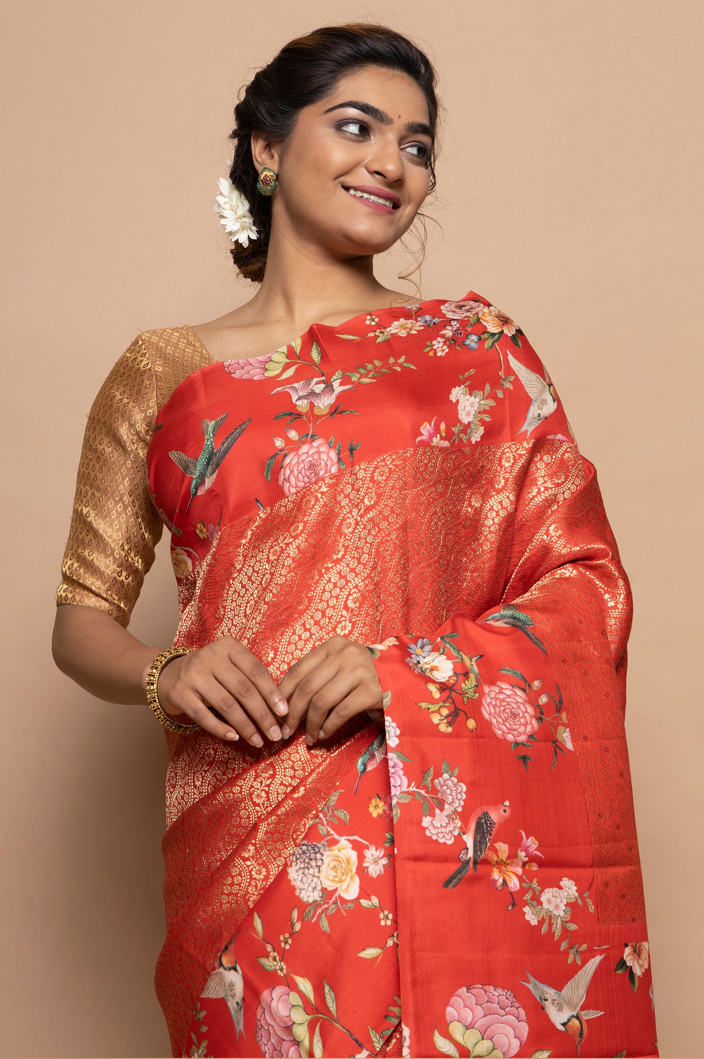 Kanchipuram Silk Jaal Orange Saree With Floral Satin Border