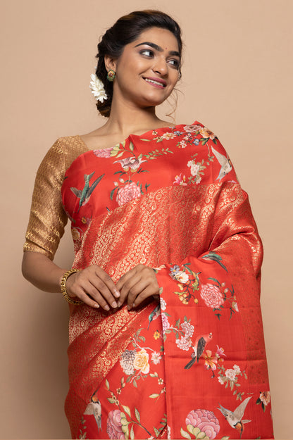 Kanchipuram Silk Jaal Orange Saree With Floral Satin Border