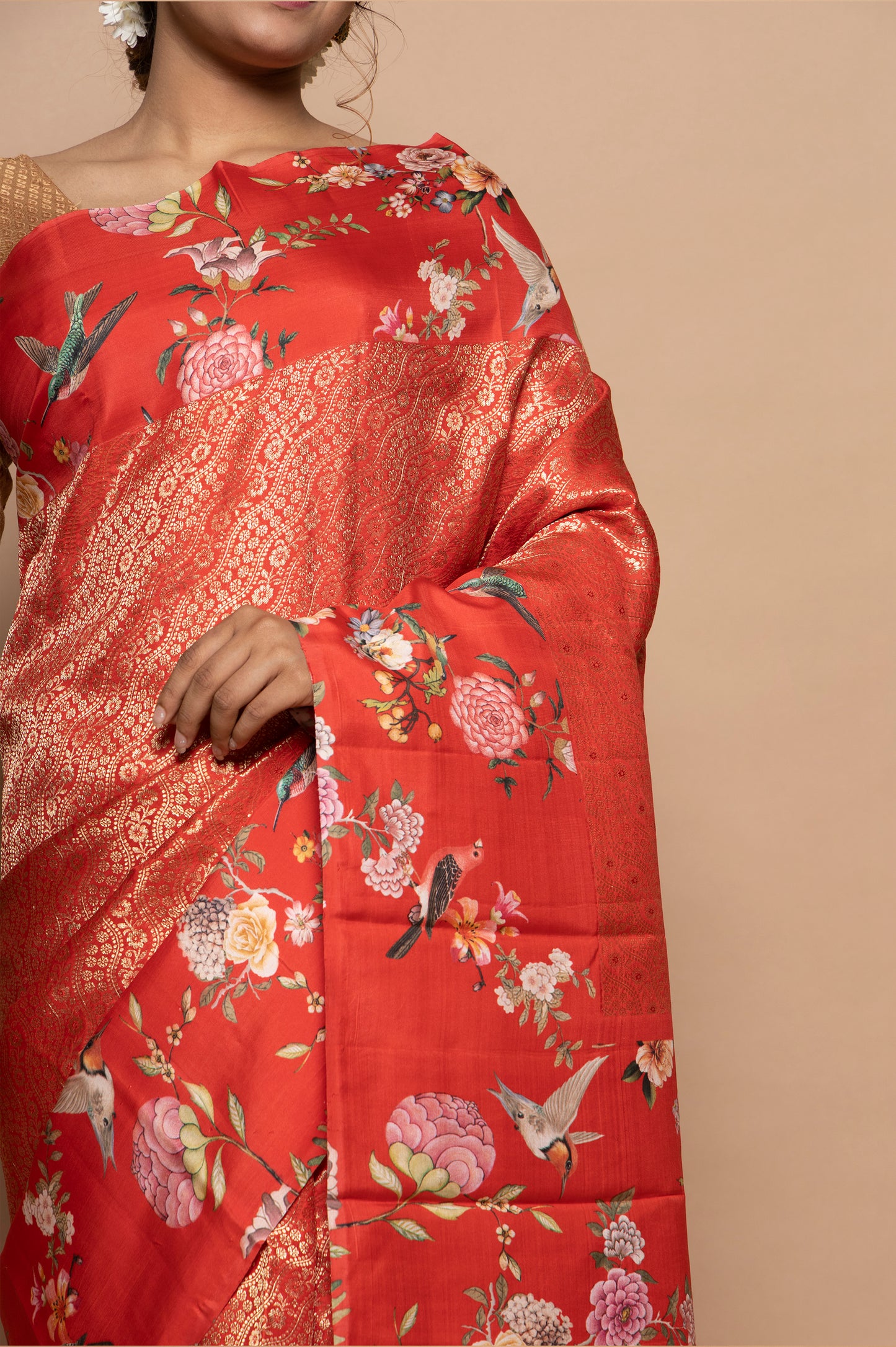 Kanchipuram Silk Jaal Orange Saree With Floral Satin Border