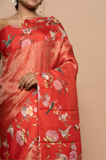 Kanchipuram Silk Jaal Orange Saree With Floral Satin Border