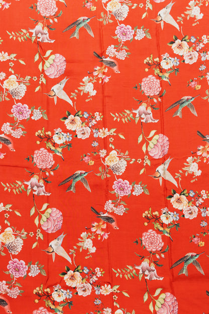 Kanchipuram Silk Jaal Orange Saree With Floral Satin Border