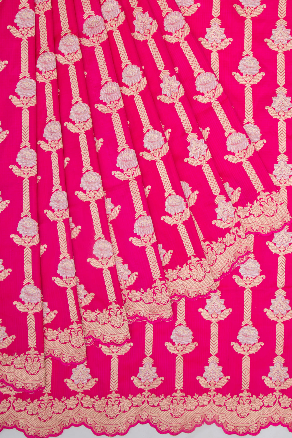 Banarasi Silk Brocade Pink Saree With Scallop Border