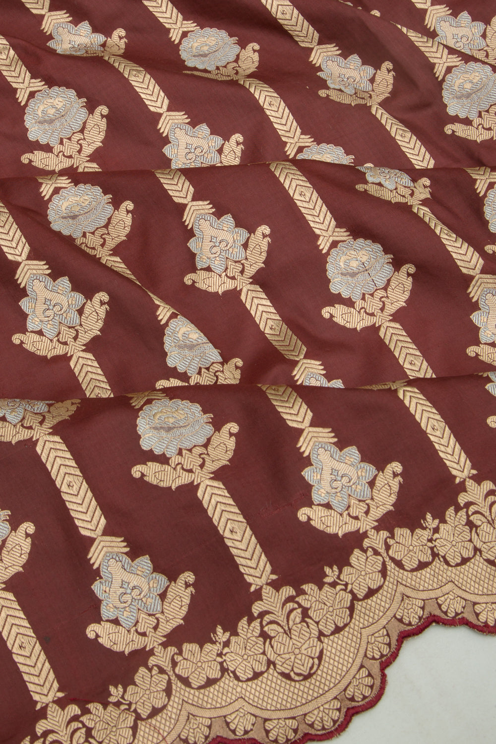 Banarasi Silk Brocade Brown Saree With Scallop Border