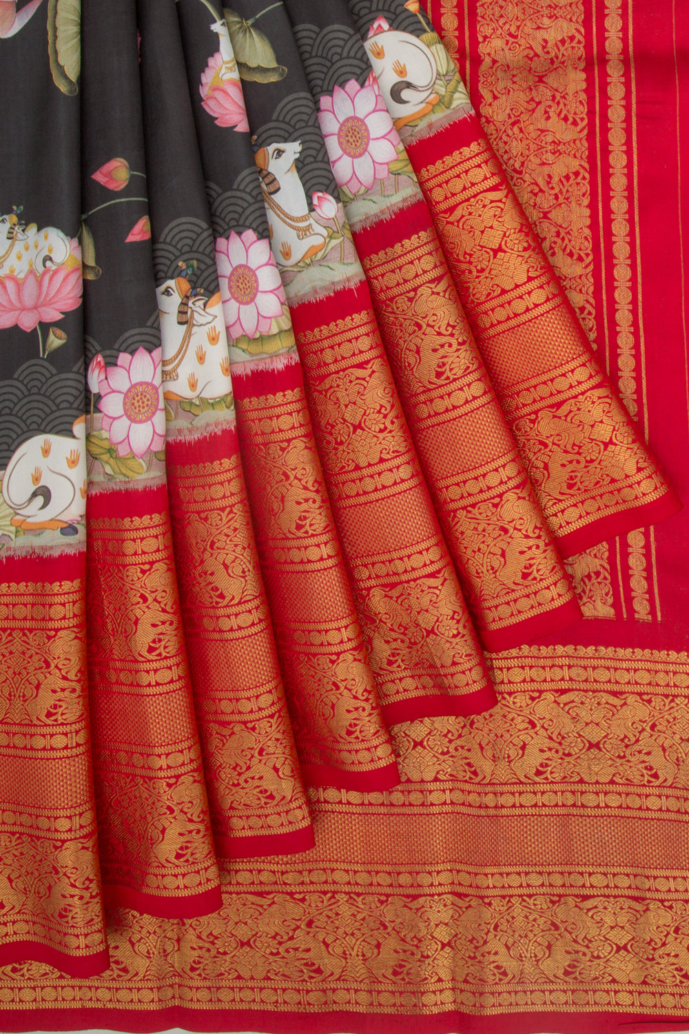 Kanchipuram Silk Floral Printed Black Saree
