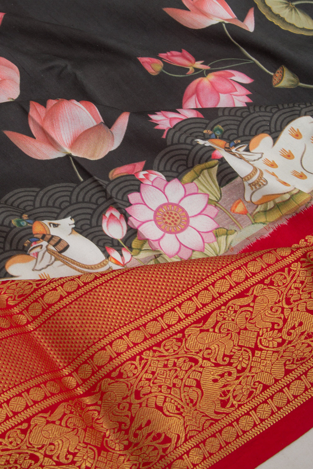 Kanchipuram Silk Floral Printed Black Saree