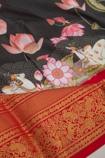 Kanchipuram Silk Floral Printed Black Saree