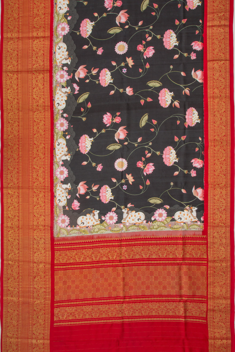 Kanchipuram Silk Floral Printed Black Saree