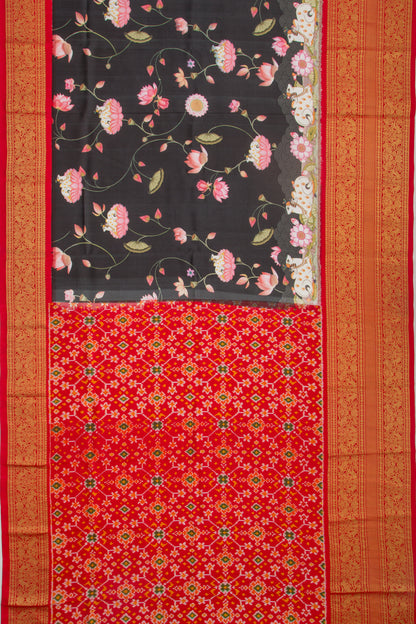 Kanchipuram Silk Floral Printed Black Saree