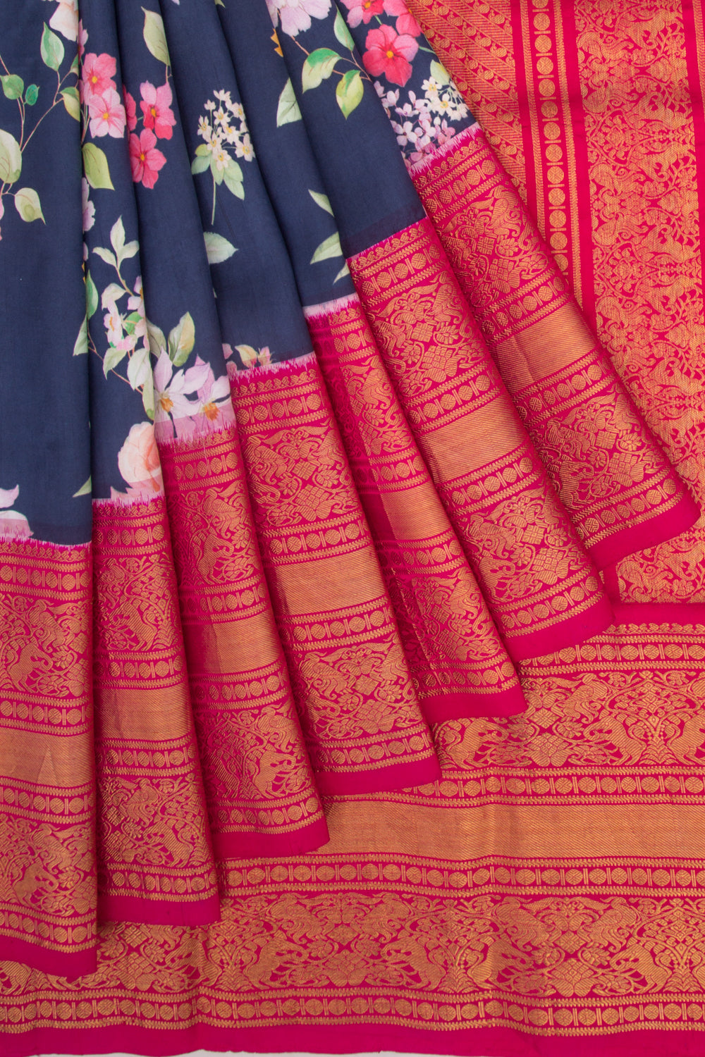 Kanchipuram Silk Floral Printed Dark Blue Saree