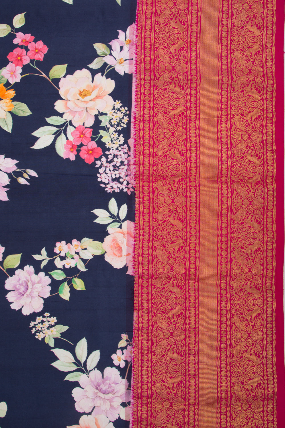 Kanchipuram Silk Floral Printed Dark Blue Saree