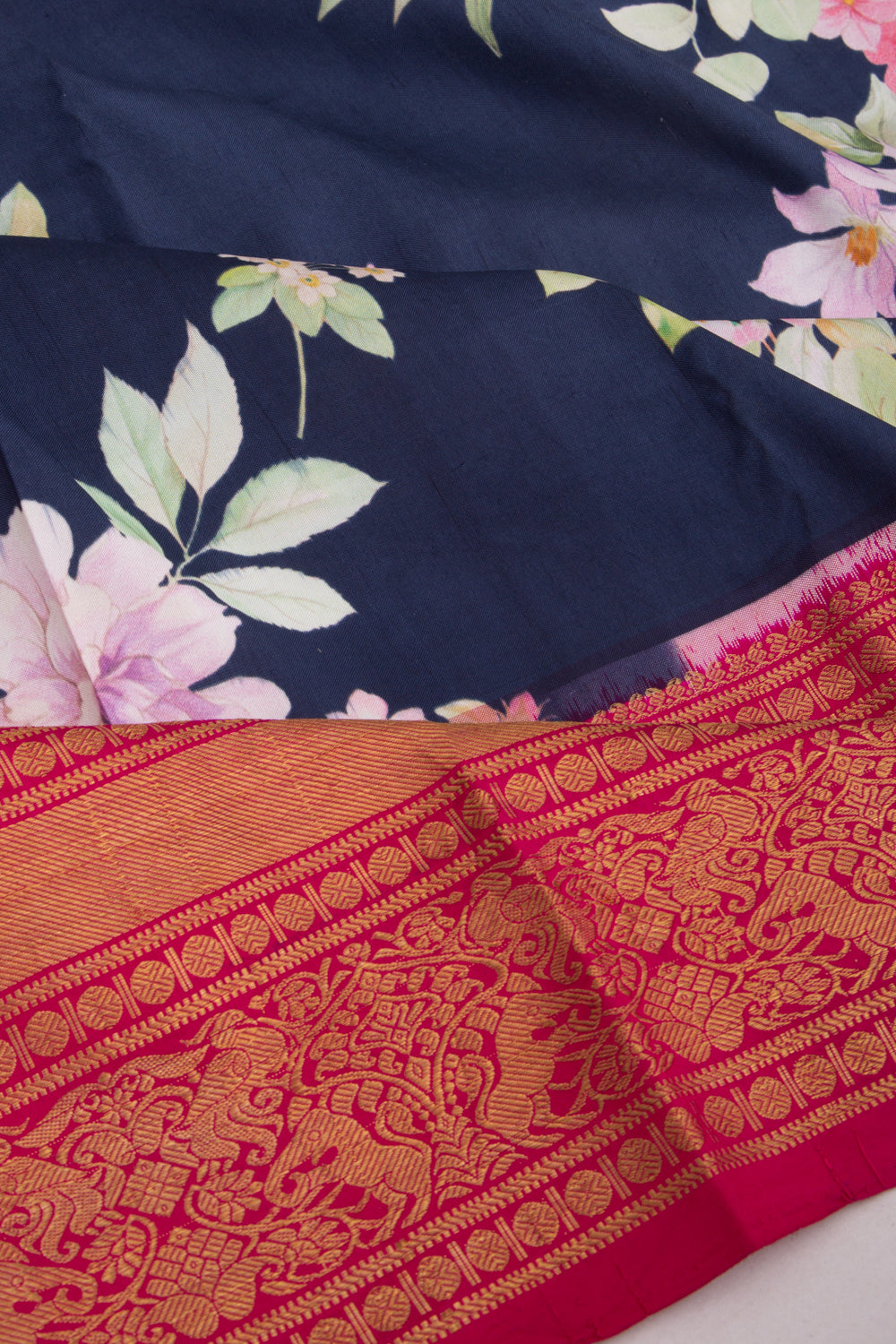 Kanchipuram Silk Floral Printed Dark Blue Saree
