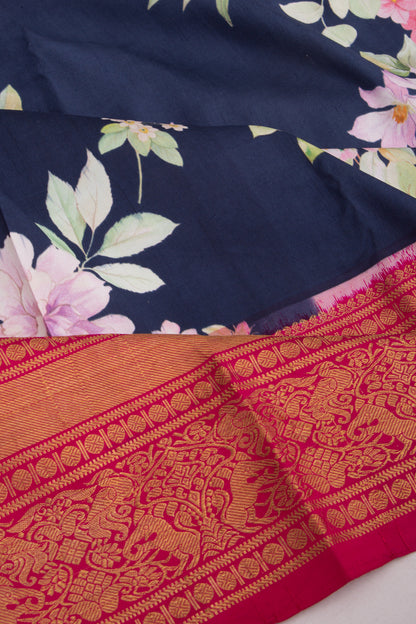 Kanchipuram Silk Floral Printed Dark Blue Saree