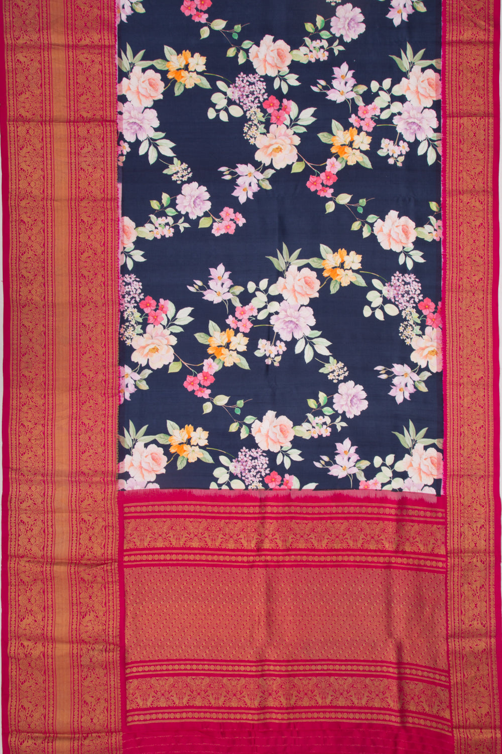 Kanchipuram Silk Floral Printed Dark Blue Saree