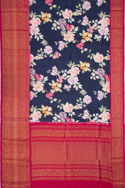Kanchipuram Silk Floral Printed Dark Blue Saree
