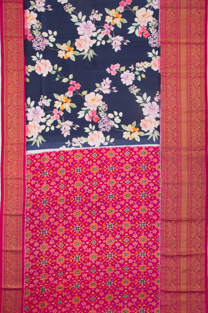 Kanchipuram Silk Floral Printed Dark Blue Saree