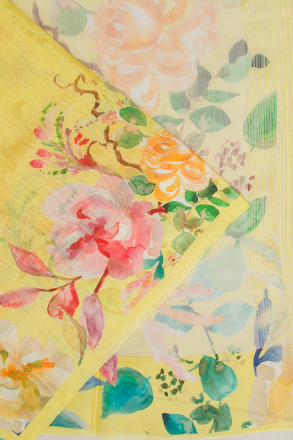 Matka Silk Floral Printed Lemon Yellow Saree