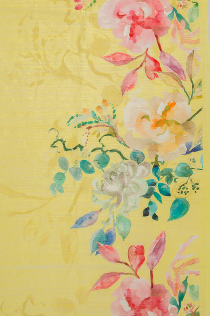 Matka Silk Floral Printed Lemon Yellow Saree