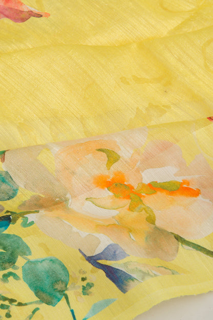 Matka Silk Floral Printed Lemon Yellow Saree