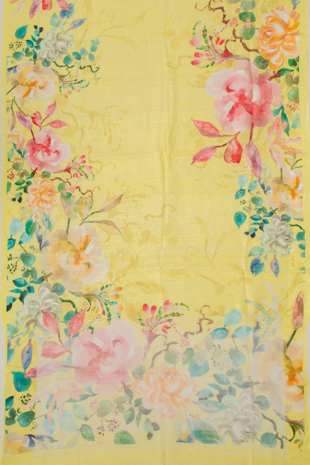 Matka Silk Floral Printed Lemon Yellow Saree