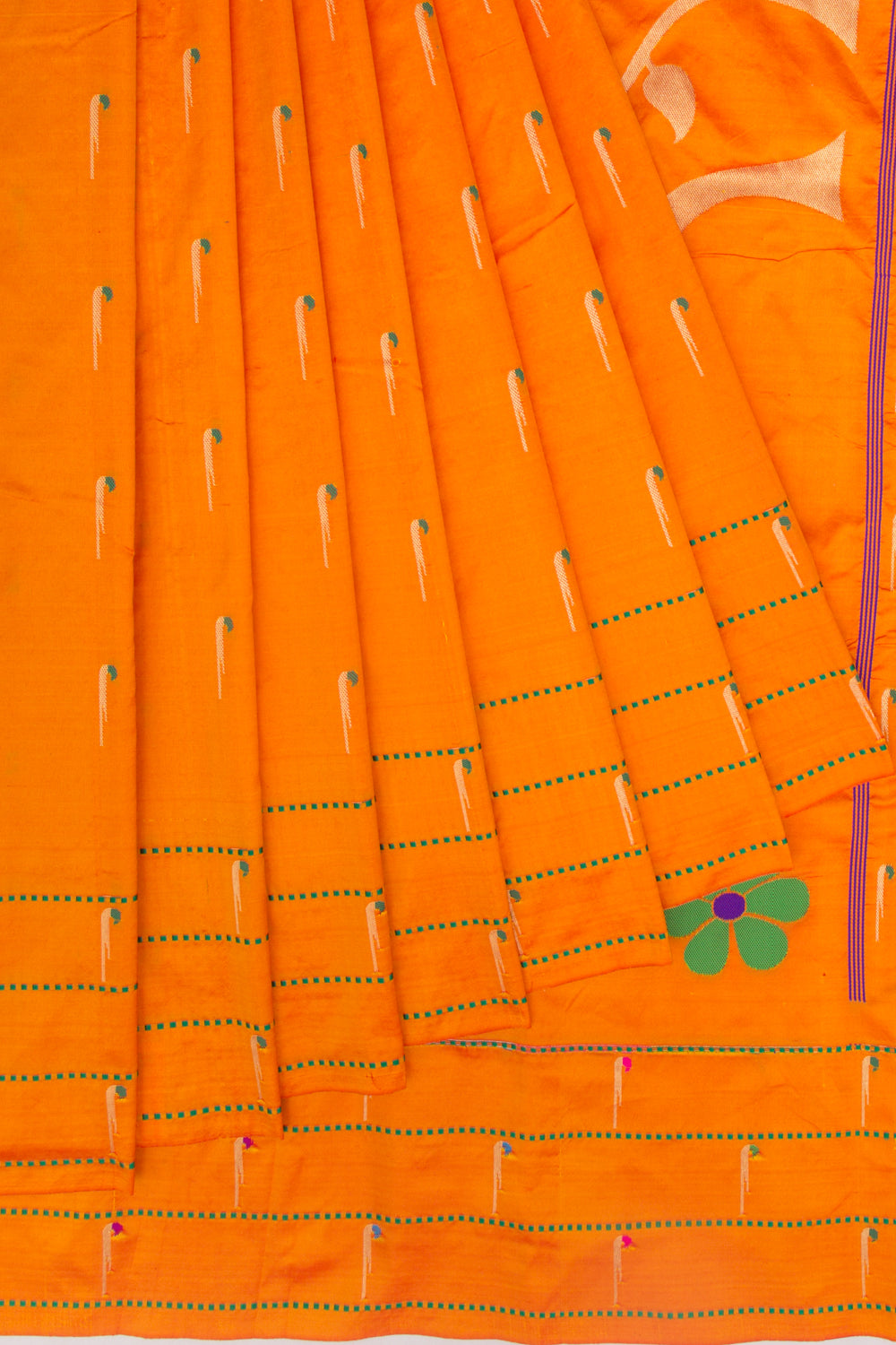 Paithani Soft Silk Butta Orange Saree With Triple Muniya Border