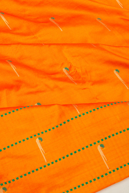 Soft Silk Paithani Inspired Butta Orange Saree With Triple Muniya Border