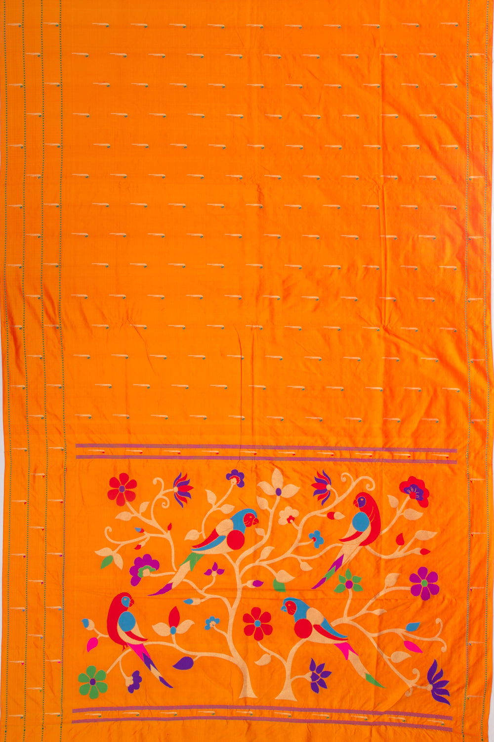 Paithani Soft Silk Butta Orange Saree With Triple Muniya Border