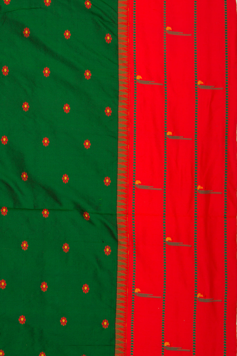 Soft Silk Paithani Inspired Butta Green SareeWith Triple Muniya Border
