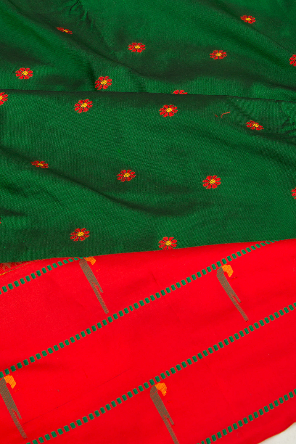 Soft Silk Paithani Inspired Butta Green SareeWith Triple Muniya Border