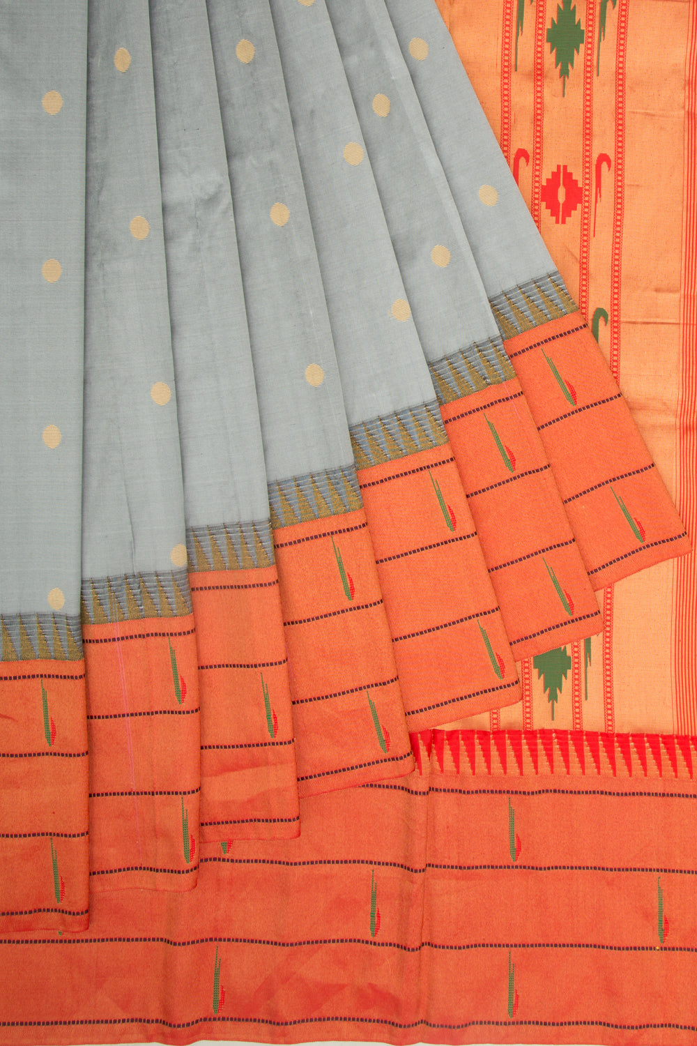 Paithani Soft Silk Butta Grey Saree With Triple Muniya Border