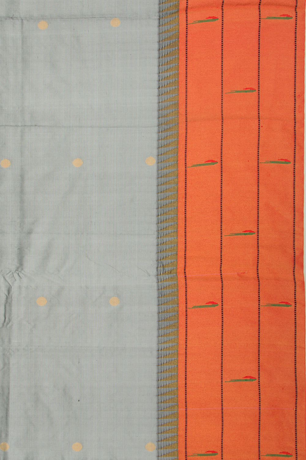 Soft Silk Paithani Inspired Butta Grey Saree With Triple Muniya Border